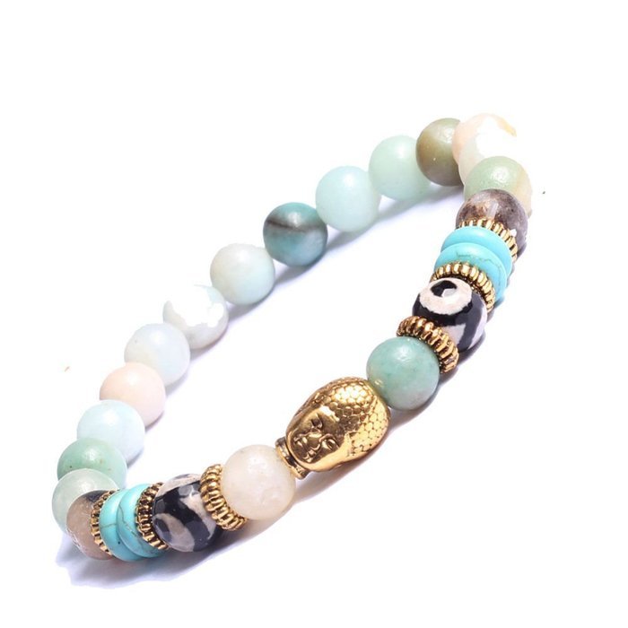 Natural Stone Gold Buddha Head Beaded Yoga Energy Bracelet 7.5inch 19cm Lucky N7