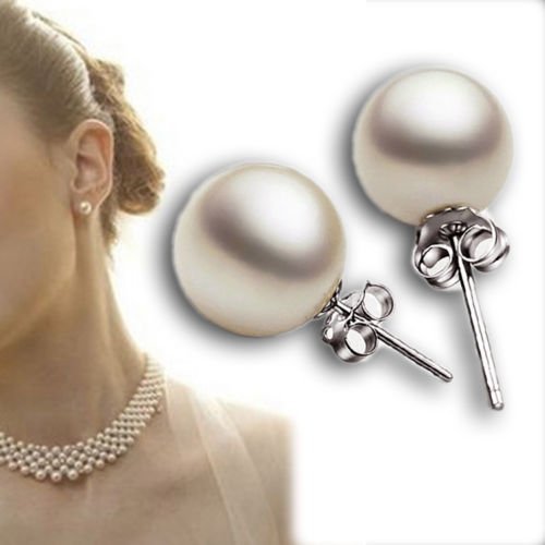 New Fashion 3 Size Women's Real White Freshwater Pearl Ear Stud Earrings Gift 8mm N3