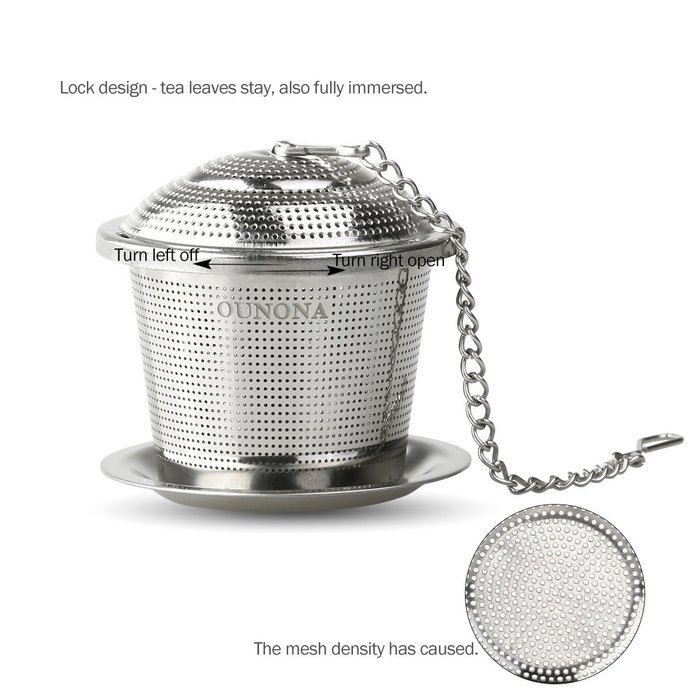 OUNONA Tea Strainer Loose Tea Infuser 304 Stainless Steel Tea Steeper (Set of 2) with Tea Scoop and Drip Trays