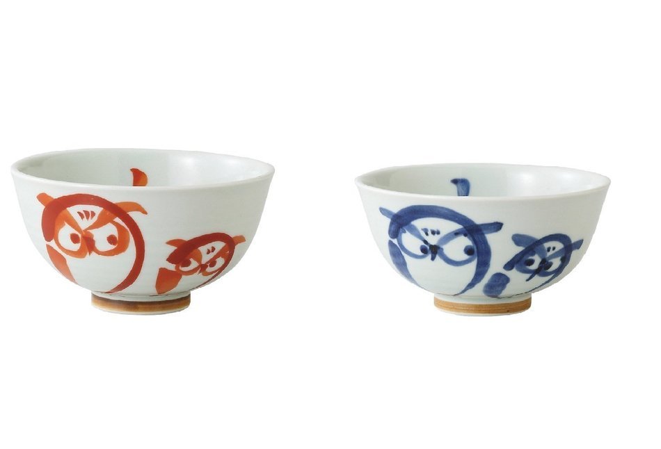 Saikai Pottery Owl Pair Japanese Bowl for rice S size Red 69072 & L size Blue 69071 from Japan