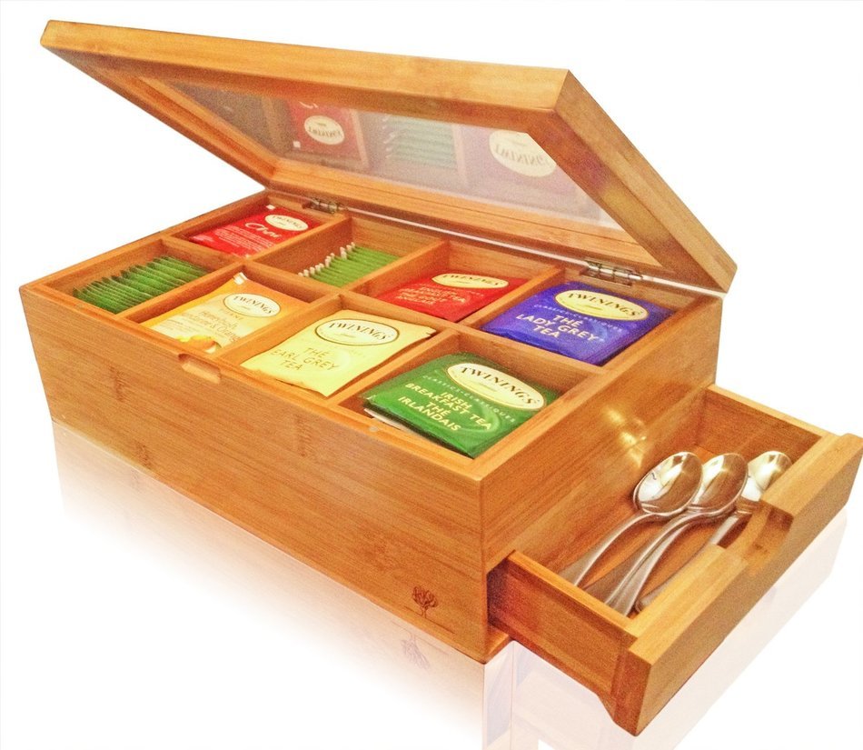 Best Bamboo Tea Box Natural Chest with Clear Hinged Lid, 8 Storage Sections with Expandable Drawer N3