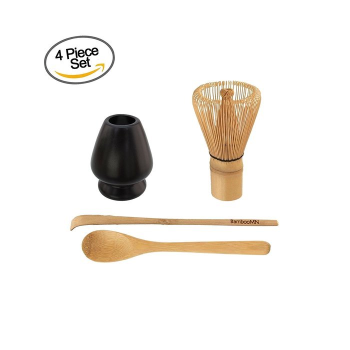 BambooMN Brand - Matcha Green Tea Whisk Set - Whisk + Scoop + Tea Spoon + Black Whisk Holder