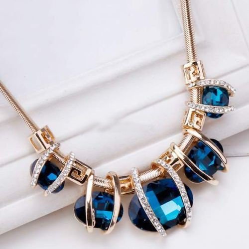 Fashion Women Crystal Pendant Chain Choker Chunky Statement Bib Blue Necklace