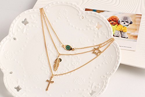 QTMY Gold Leaves Eye Feather Cross Star 3 layers Multilayer Necklace