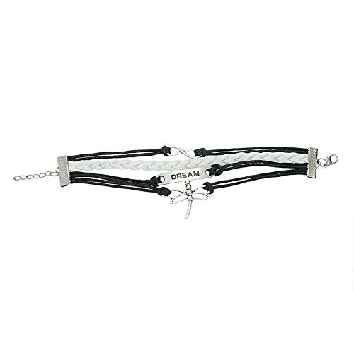 1PC Black New Silver Tone Dragonfly Dream Cute Leather Bracelet 19cm