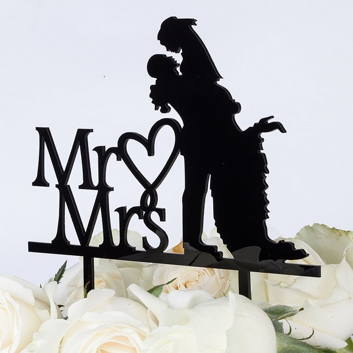 LOVENJOY with Gift Box Sparkling Mr and Mrs Monogram Bride Groom Silhouette Wedding Cake Topper (6-inch, Silver...