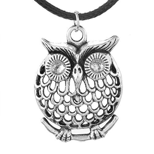 1PC Men's Women's Owl Silver Tone Pendant Necklaces Black Wax Rope Chain