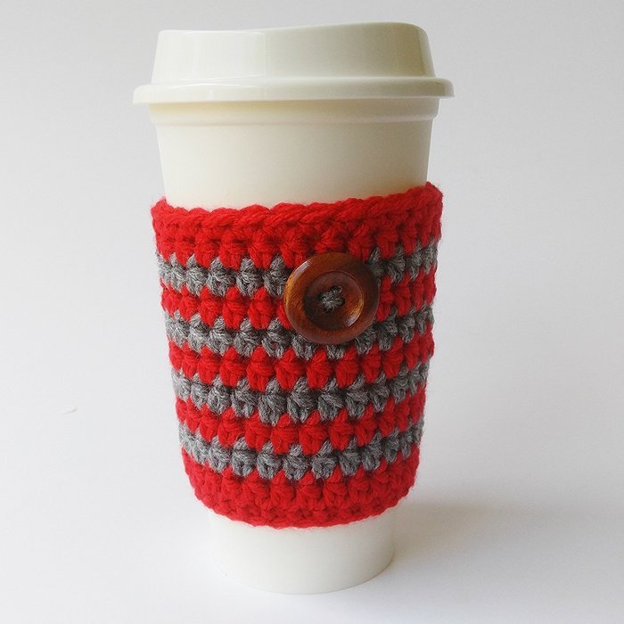 Travel Mug Cozy Striped Red and Grey Cup Wood Button