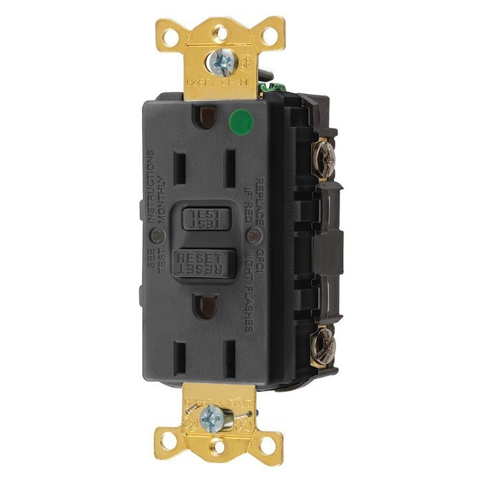 Hubbell GFRST82BK Gfci Receptacle, 15 Amps, Nema Configuration: 5-15R, Decorator, Self-Testing: YES, Black