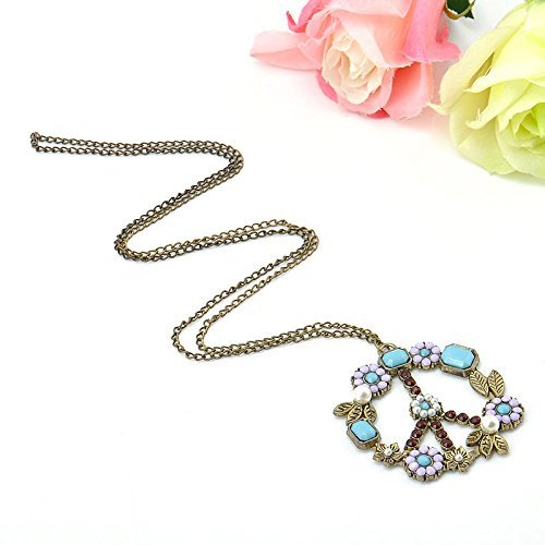 Vintage Nostalgic Retro Antiqued Bronze Peace Sign Pendant Necklace Long Chain