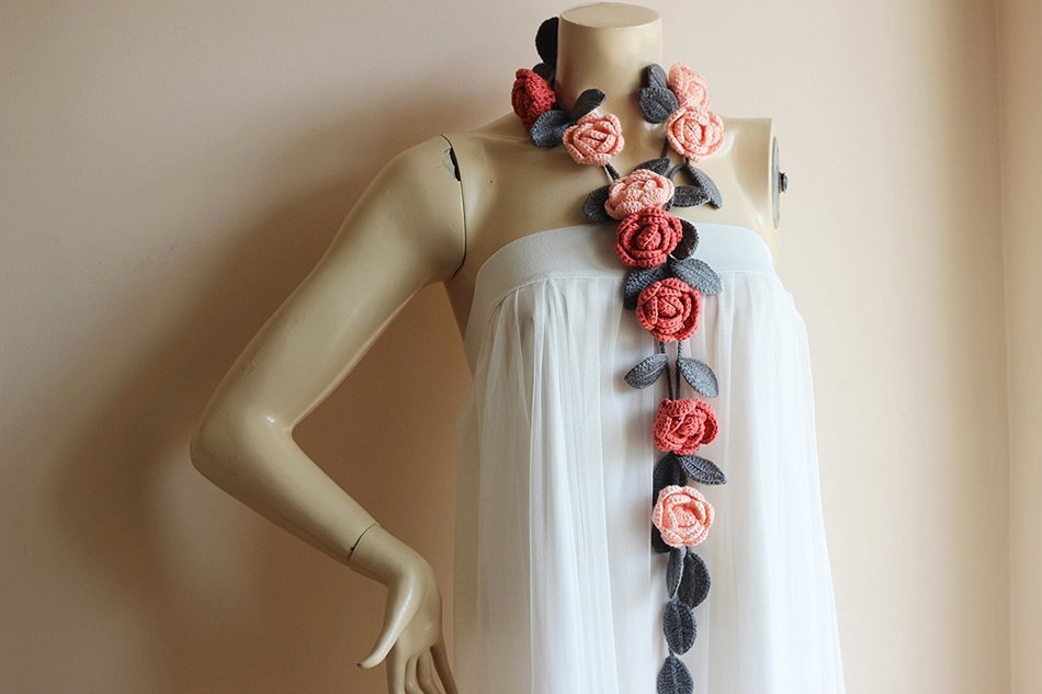 Coral and Grey Necklace-Summer Necklace-Salmon Coral and Grey Necklace-Rose Lariat Scarf-Rose Necklace N4