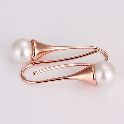 Women Simple 18K Rose Gold Filled Charm Pearl Dangle Drop Evening Prom Earrings N2