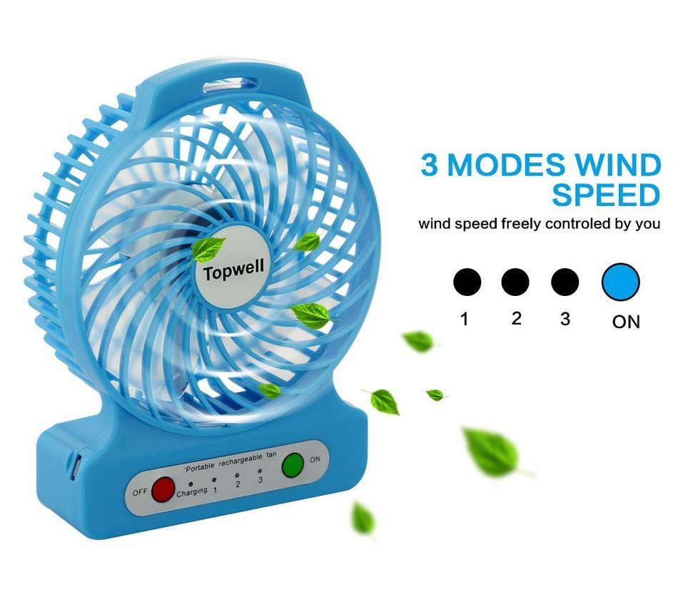 Topwell 4.3-Inch Mini USB 3 Speeds Rechargeable Portable Table Fan Electric Personal Fans 18650 Desktop Fan Hand... N18