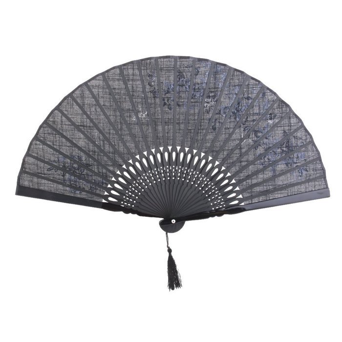 Linen Butterfly Flowers Hand Fan Lacquer Handle Folding Fan Black N4