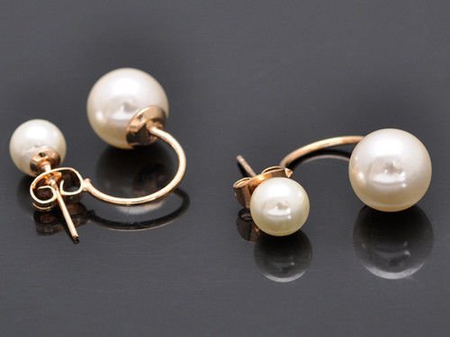 New Fashion Women's Stud Earrings Gold Filled Double White Freshwater Pearl N2