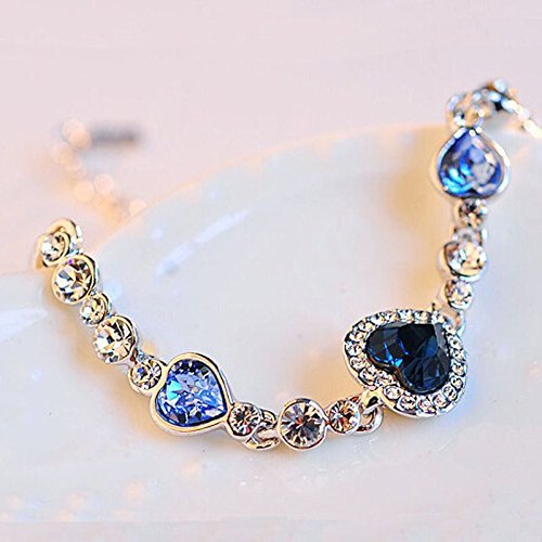 Fashion Women Blue Crystal Rhinestone Heart Charm Bangle Bracelet Jewelry N3