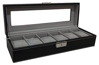 Watch Box 6 Mens Black Leather Display Glass Top Jewelry Case Organizer, New