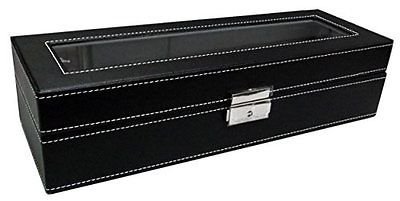 Watch Box 6 Mens Black Leather Display Glass Top Jewelry Case Organizer, New N2