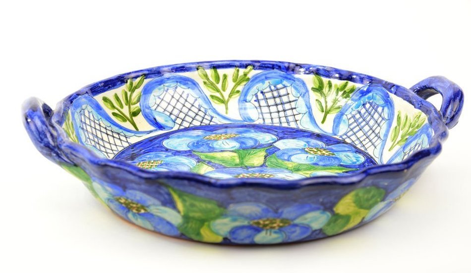 Hand-Painted Ceramic Pie Dish, Mediterranean Blue and Green