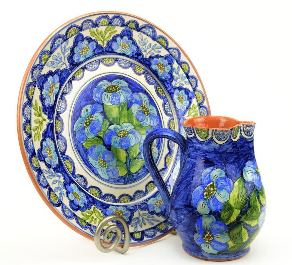 Hand-Painted Ceramic Pie Dish, Mediterranean Blue and Green N2