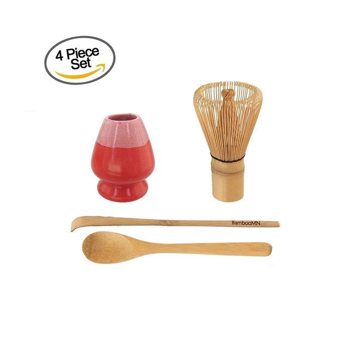 BambooMN Brand - Matcha Green Tea Whisk Set - Whisk + Scoop + Tea Spoon + Black Whisk Holder N3