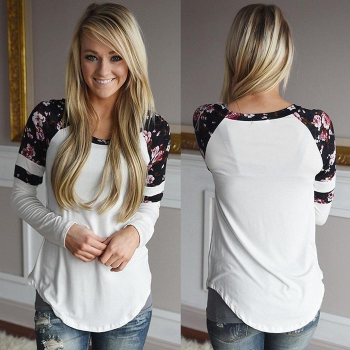 Pullover Blouse, Morecome Women Floral Splice Printing Long Sleeve Round Neck Topss N2