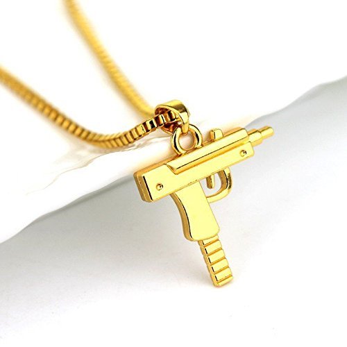 18K Gold Hip Hop Long Necklace Men Women SUPREME Pistol Pendant Maxi Necklace
