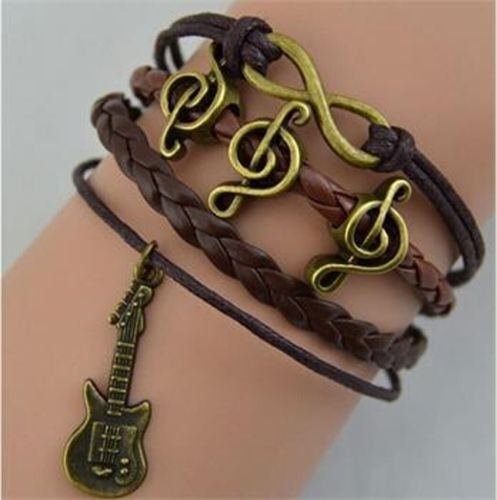 Antique Copper Infinity Guitar Music Friendship Leather Charm Bracelet N2
