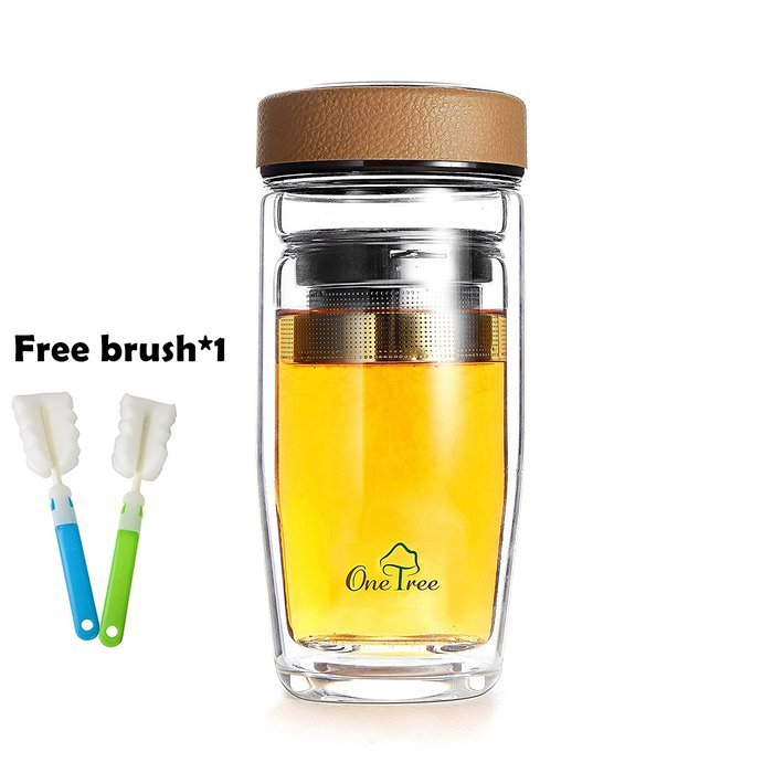 One Tree Double Walled Glass Water Bottle With Tea Infuser, Bpa Free And No Leak For Tea Fruit And Coffee, With... N2