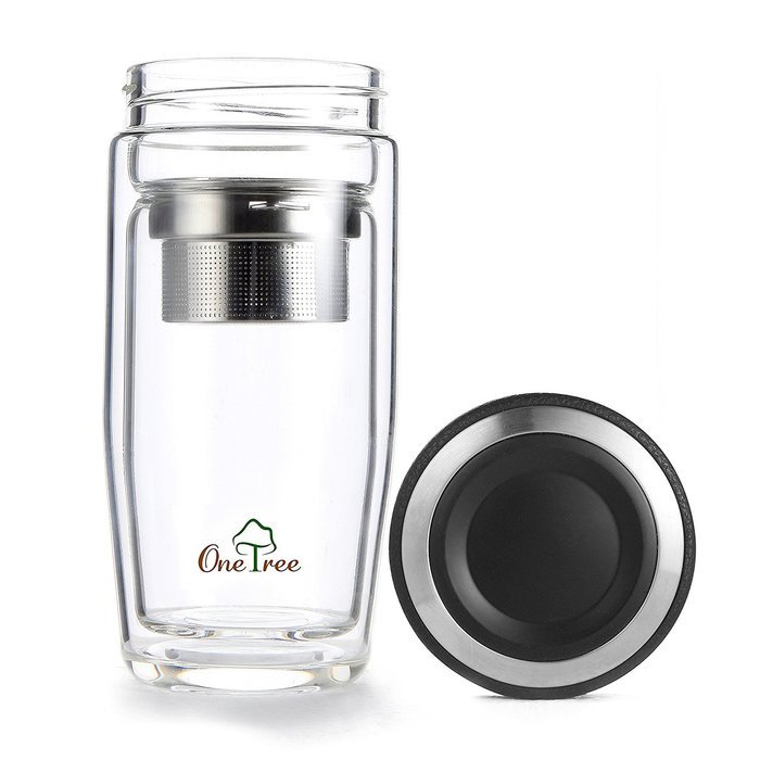 One Tree Double Walled Glass Water Bottle With Tea Infuser, Bpa Free And No Leak For Tea Fruit And Coffee, With... N3