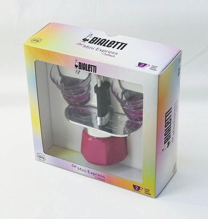 Bialetti: Set Mini Express Colour 2-Cups FUCHSIA + 2 Bialetti Transparent Coffee Glasses with Fuchsia Bottom [...