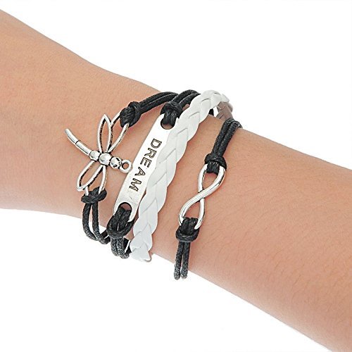 1PC Black New Silver Tone Dragonfly Dream Cute Leather Bracelet 19cm N2