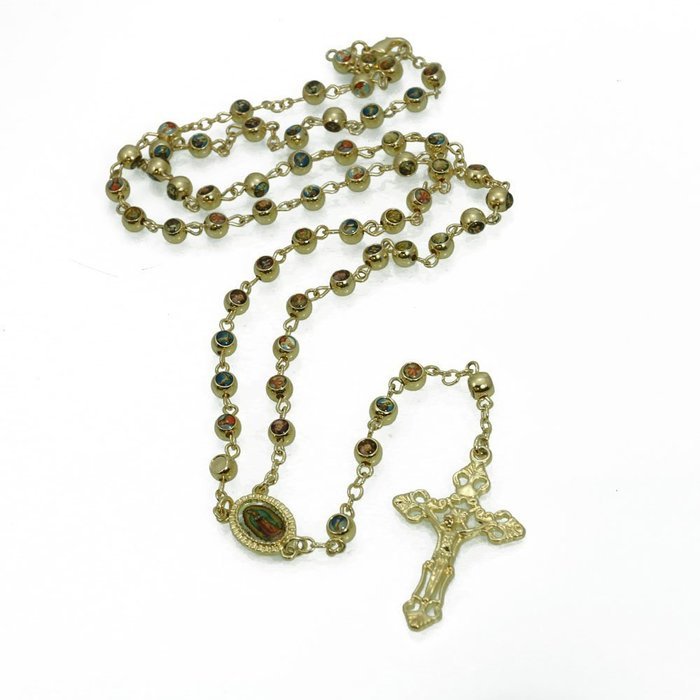 Uniquew Beads Rosary Small Paper Catholic Necklace Holy Soil Medal & Cross (Gold)