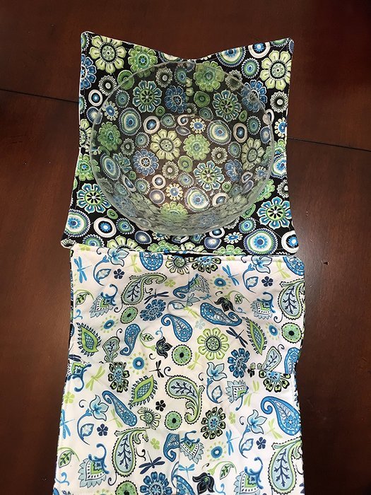 Green Blue Floral Burst,handmade,Hot Cold Bowl Cozy,Microwave Bowl Cozie,Fabric Trivet,Hot pad,Pot Holder,Cotton...