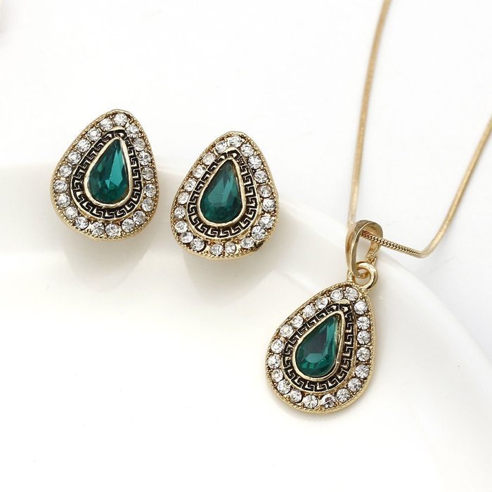 Handmade Emerald Waterdrop Earrings+Crystal Necklace Bohemian Women Ethnic Party N2