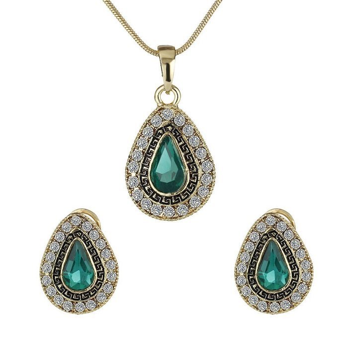 Handmade Emerald Waterdrop Earrings+Crystal Necklace Bohemian Women Ethnic Party N4