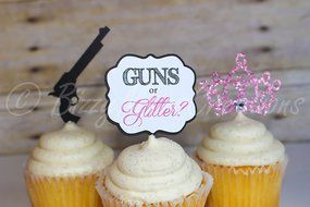 12 GUNS OR GLITTER - Gender reveal baby shower Cupcake Toppers (12 toppers) N2