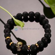 Men Women Golden Skull/Black Lava Rock Beaded Shamballa Stretch Energy Bracelet