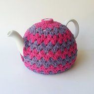 Crochet Tea Pot Cozy Hot Pink and Lavender Cotton Yarn