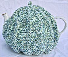 Knit Tea Cozy Cosy Handmade Washable Blue and Green