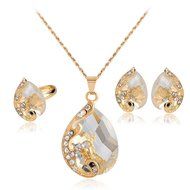 5 Colors Party Wedding Rhinestones Glass Necklace Earrings Ring Jewellery Set N5