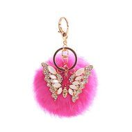 AutumnFall&reg; Rabbit Fur Ball Rhinestone Butterfly Keychain Bag Plush Key Ring Car Key Pendant (Hot Pink) N9