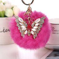 AutumnFall&reg; Rabbit Fur Ball Rhinestone Butterfly Keychain Bag Plush Key Ring Car Key Pendant (Hot Pink) N10