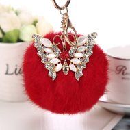 AutumnFall&reg; Rabbit Fur Ball Rhinestone Butterfly Keychain Bag Plush Key Ring Car Key Pendant (Hot Pink) N12