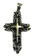 CATHOLIC CRUCIFIX OXIDIZED SILVER 925 WITH 14K GOLD PENDANT HOLY LAND CROSS 1.4" N2