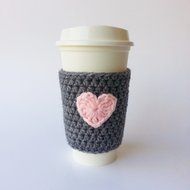 Coffee Cozy Grey with Pink Heart Applique Fits 12 to 20 Ounce Cup