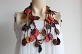 Leaves Necklace-Multicolor Crochet Necklace-Multicolor Lariat Scarf-Mohair Crochet Scarf with Gold Glitter- Autumn... N2