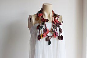 Leaves Necklace-Multicolor Crochet Necklace-Multicolor Lariat Scarf-Mohair Crochet Scarf with Gold Glitter- Autumn... N4