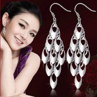 Womens 925 Sterling Silver long Peacock Tail Drop/Dangle Ear Stud Hook Earrings N2