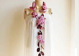 Pink Rose Scarf-Pastel Rose Scarf-Rose Crochet Scarf-Pink Lariat Necklace with Brown Leaves-Christmas Gift For... N3